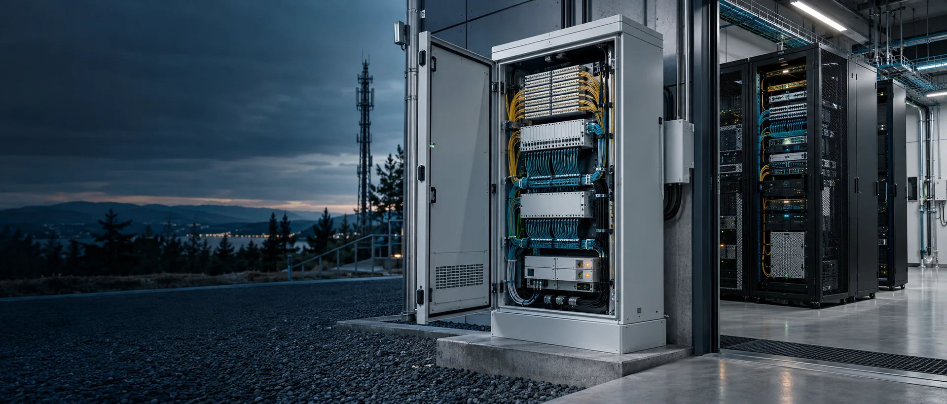 Unbranded outdoor telecom cabinet beside organized network racks