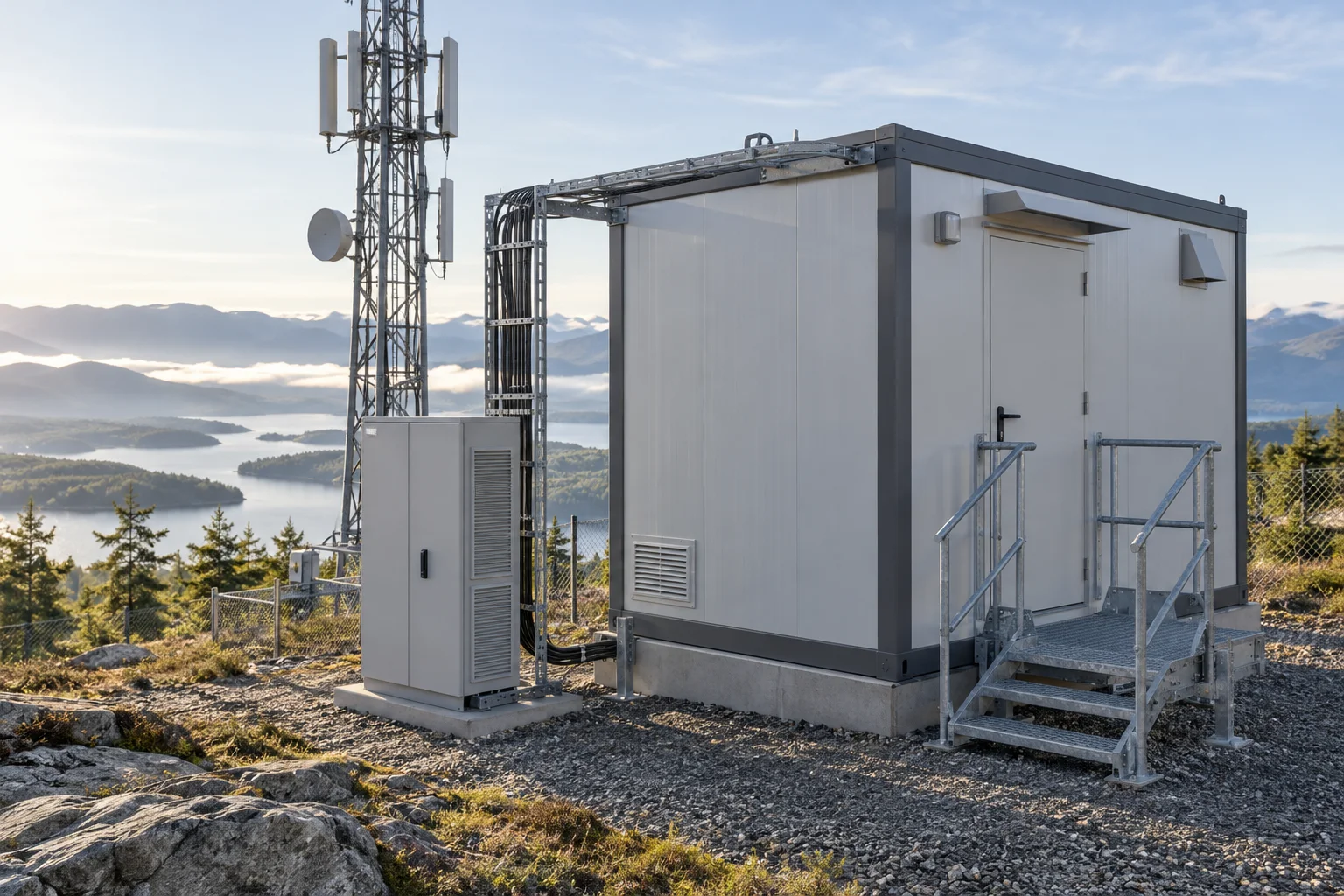 Unbranded outdoor communications shelter and telecom mast
