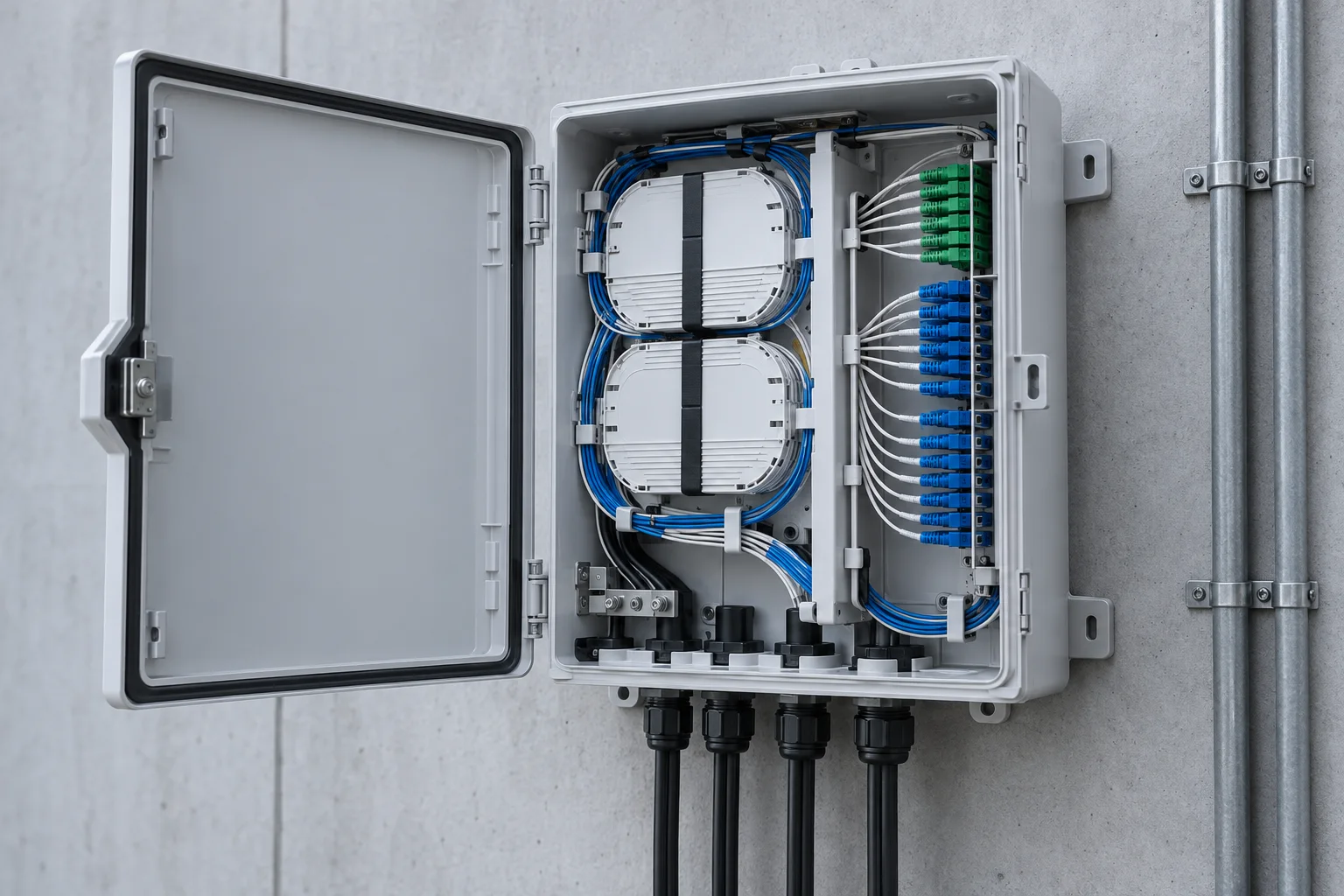 Open fiber distribution box with organized splice trays